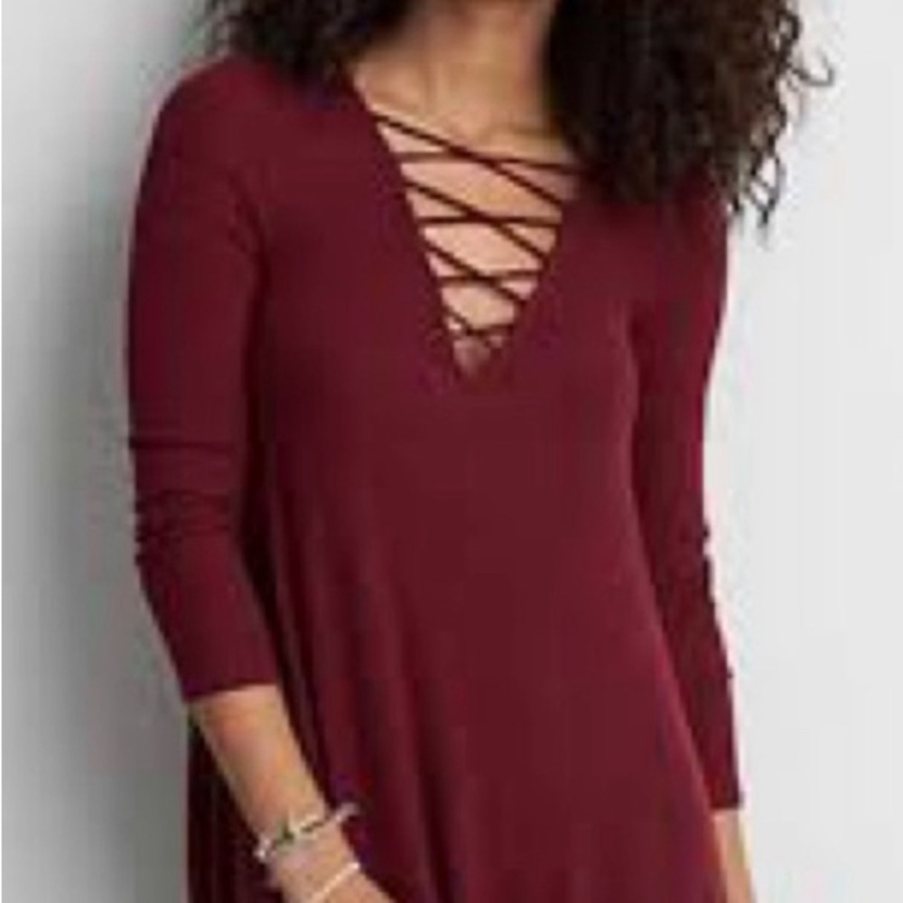 NWT America Eagle Outfitters Burgundy Long Sleeve Dress with Crisscross Detail.